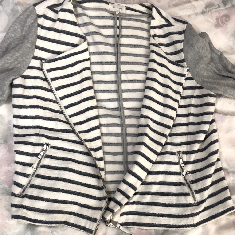 LOU & GREY Anthropologie Moto Jacket Grey & White Stripes Assymetrical Zip sz L - Picture 13 of 13